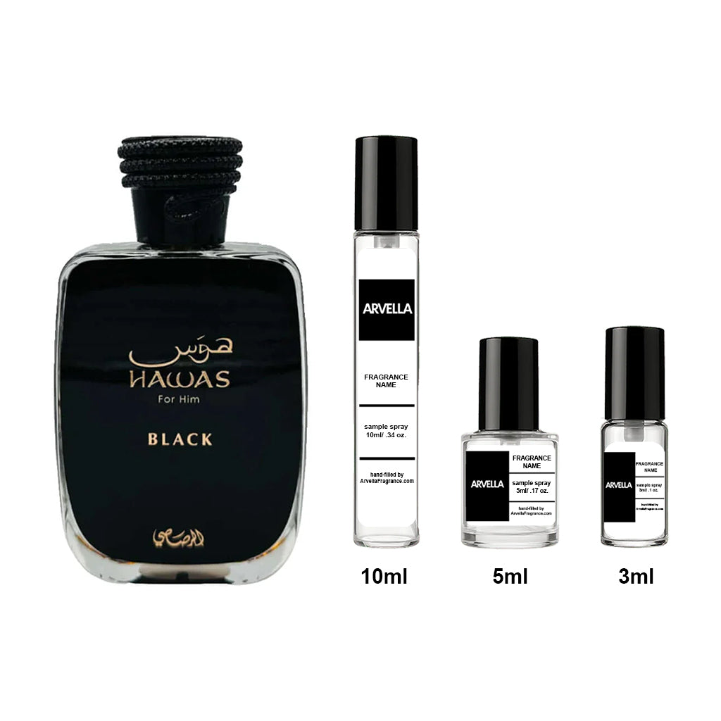 Rasasi Hawas Black Sample 10ml Spray - Arvella Fragrance